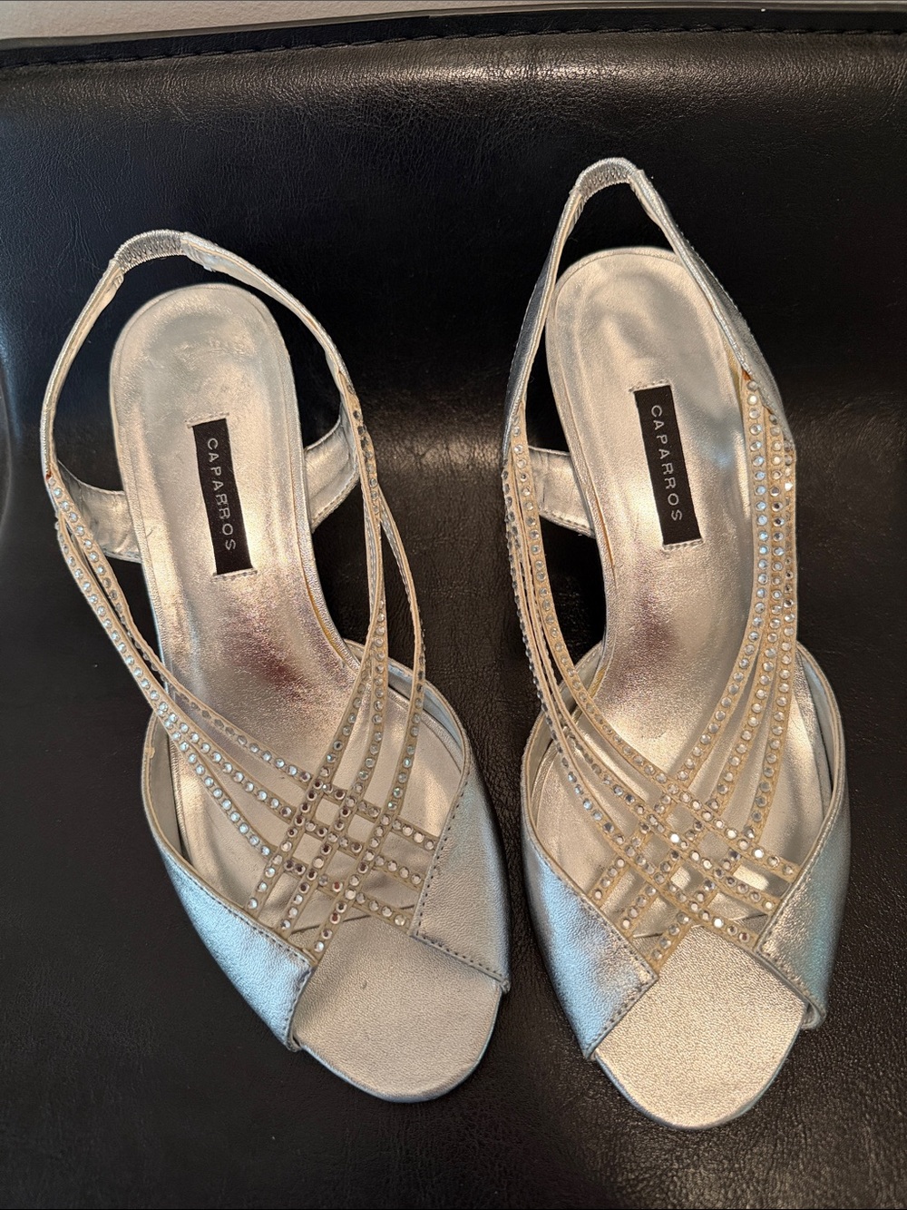 Caparros Silver Rhinestone Strappy Slingback Heels